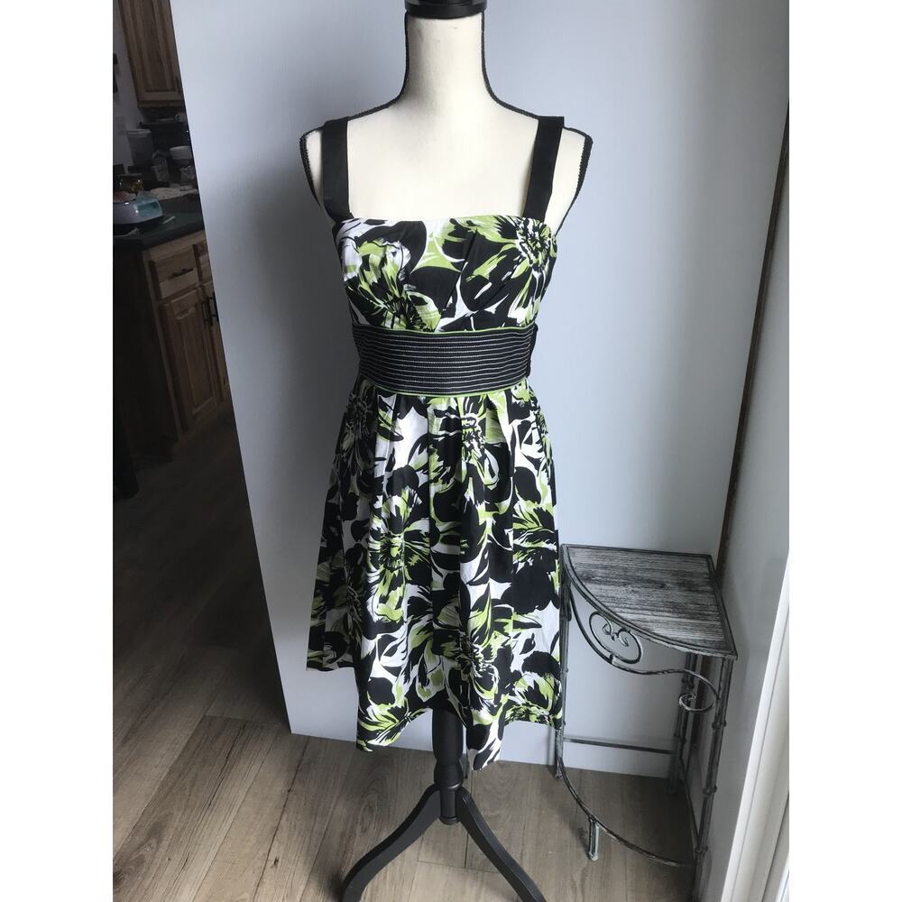 Corey P Black and Green Floral Y2K Sleeveless Sun Dress Preppy Size 6 Women's